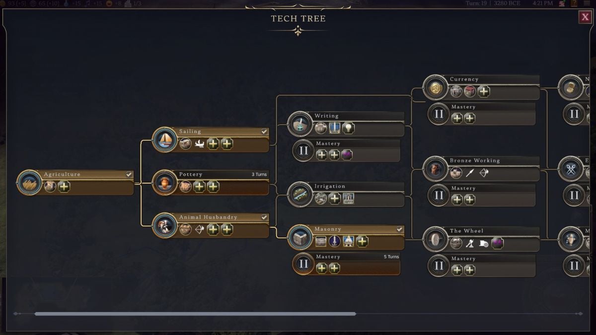 Screenshot of the Antiquity Age Tech Tree in Civilization 7.