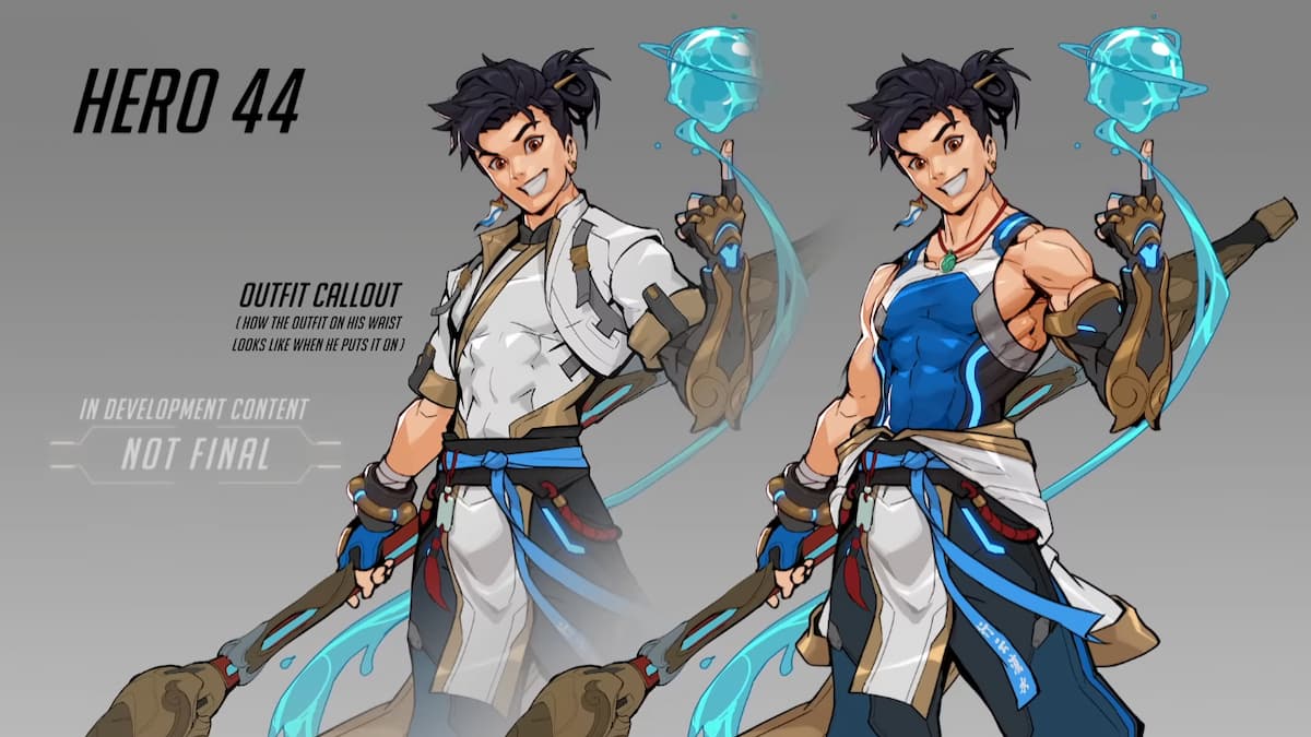 Concept art of Aqua, a Chinese character manipulating an orb of water and carrying a staff.
