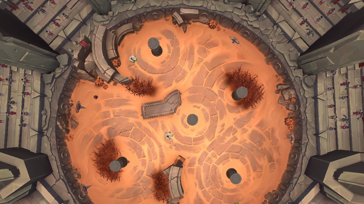A colosseum-like Arena in League of Legends with various pillars and an audience and blood across the floor.