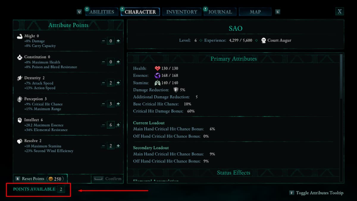 The Character tab in Avowed with the amount of attribute points available highlighted.
