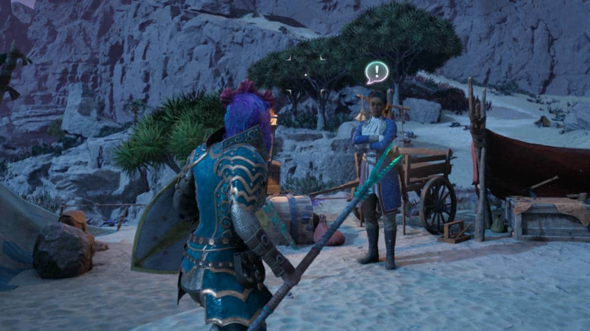 Avowed companion camp with character facing Giatta.