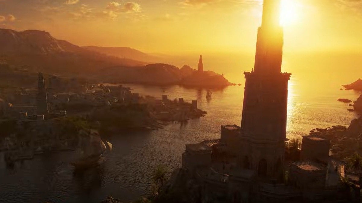 Avowed Steam deck cinematic with sunset and buildings and river in the middle of city with a ship in it