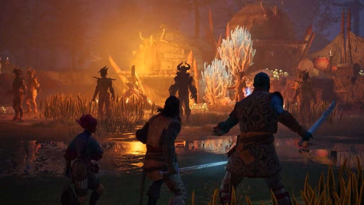 Avowed gameplay with three characters facing off against enemy camp with armors and horns