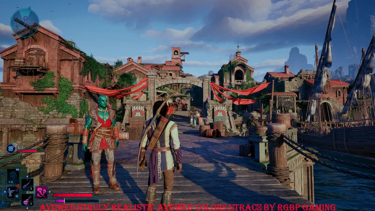 A person standing at the edge of a pier, with their blue-skinned companion Kai standing beside them as they face towards a Greek-inspired city.