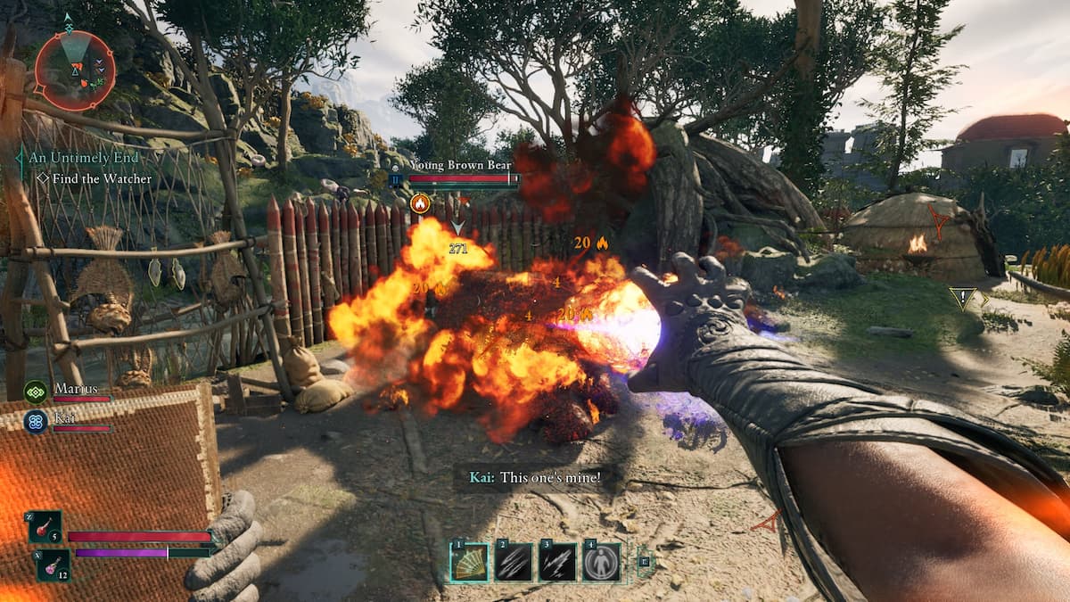 A Wizard channeling flames out of her hand, burning an enemy creature amid a camp in Avowed.