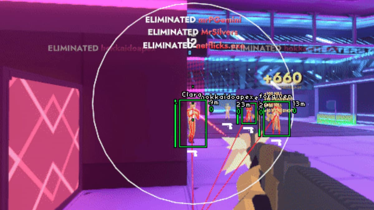 A player holding an AK-47 aims at enemies who are outlined in red with wallhack cheats in Cheaters Cheetah.
