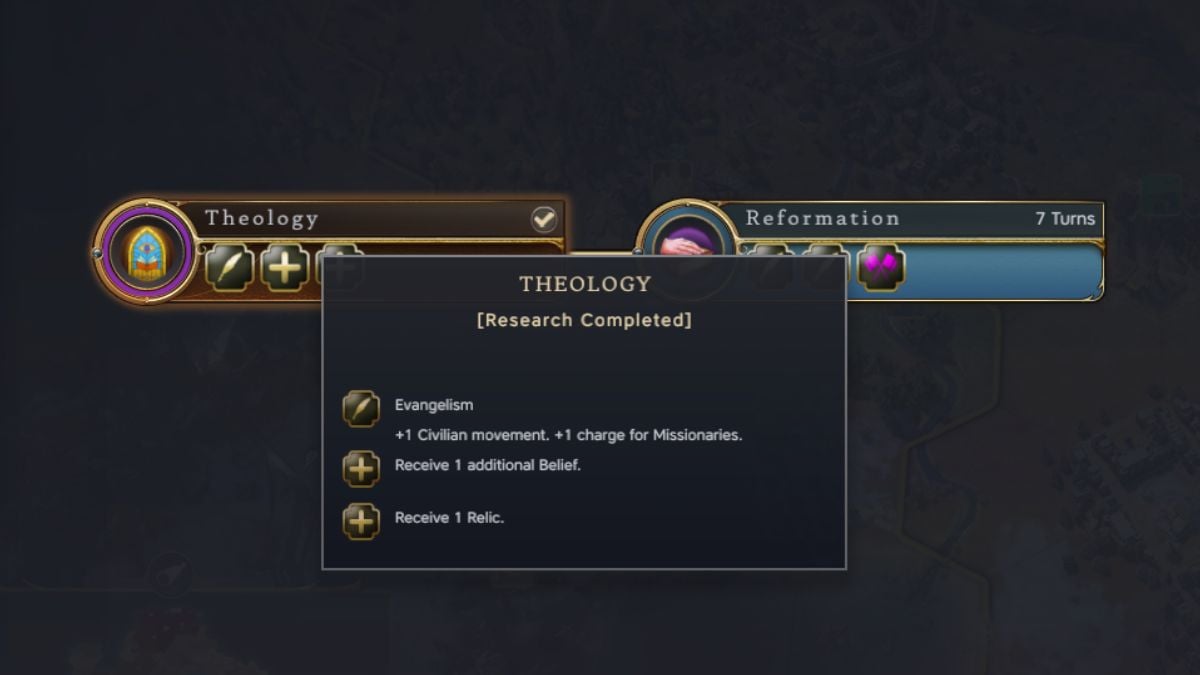 Civilization 7 screenshot showing the Theology Civic in game.