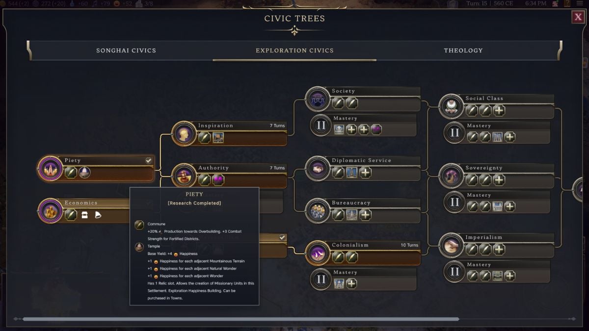 Civilization 7 screenshot showing the Civic trees and unlocked traits.
