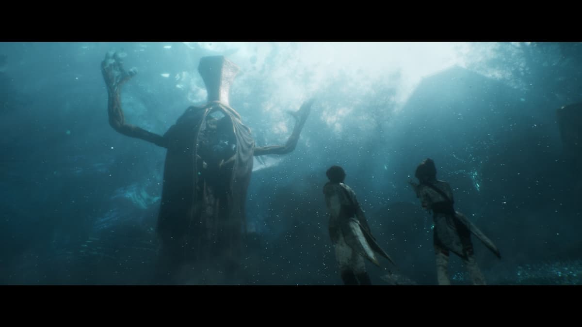 Gustave and Lune dressed in white uniforms stand in a blue enchanted forest beneath a colossal creature with a bell for a head and hands outstretched in Clair Obscur: Expedition 33.