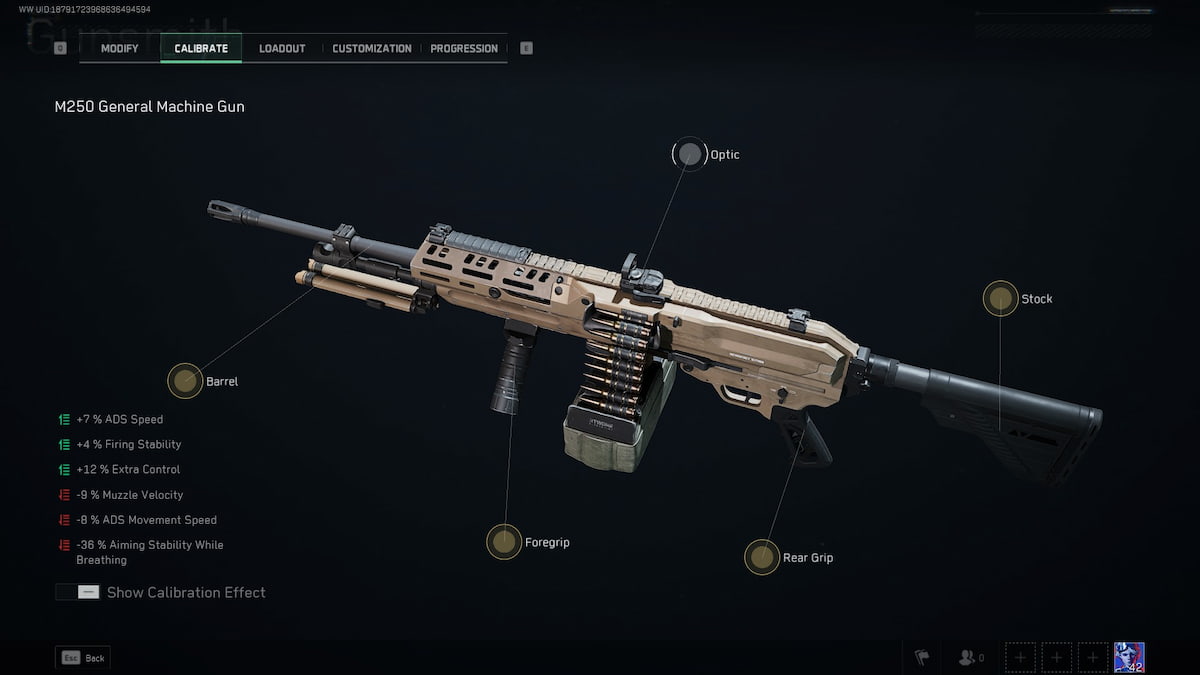 M250 calibration screen in Delta Force