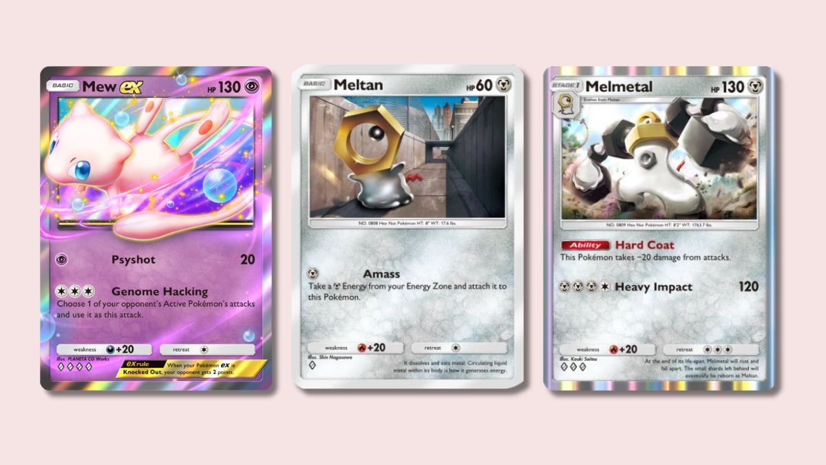 Mew ex, Meltan, and MelmetalPokémon TCG Pocket cards on a pink background.