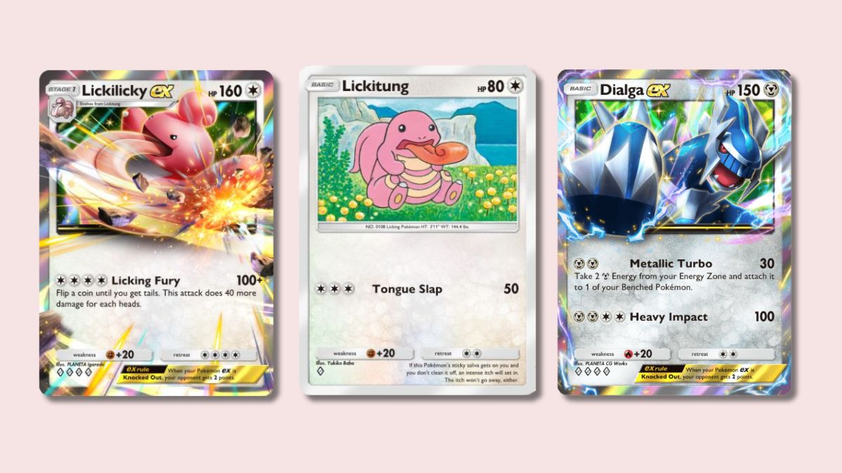 Lickilicky ex, Lickitung, and Dialga ex Pokémon TCG Pocket cards on a pink background.