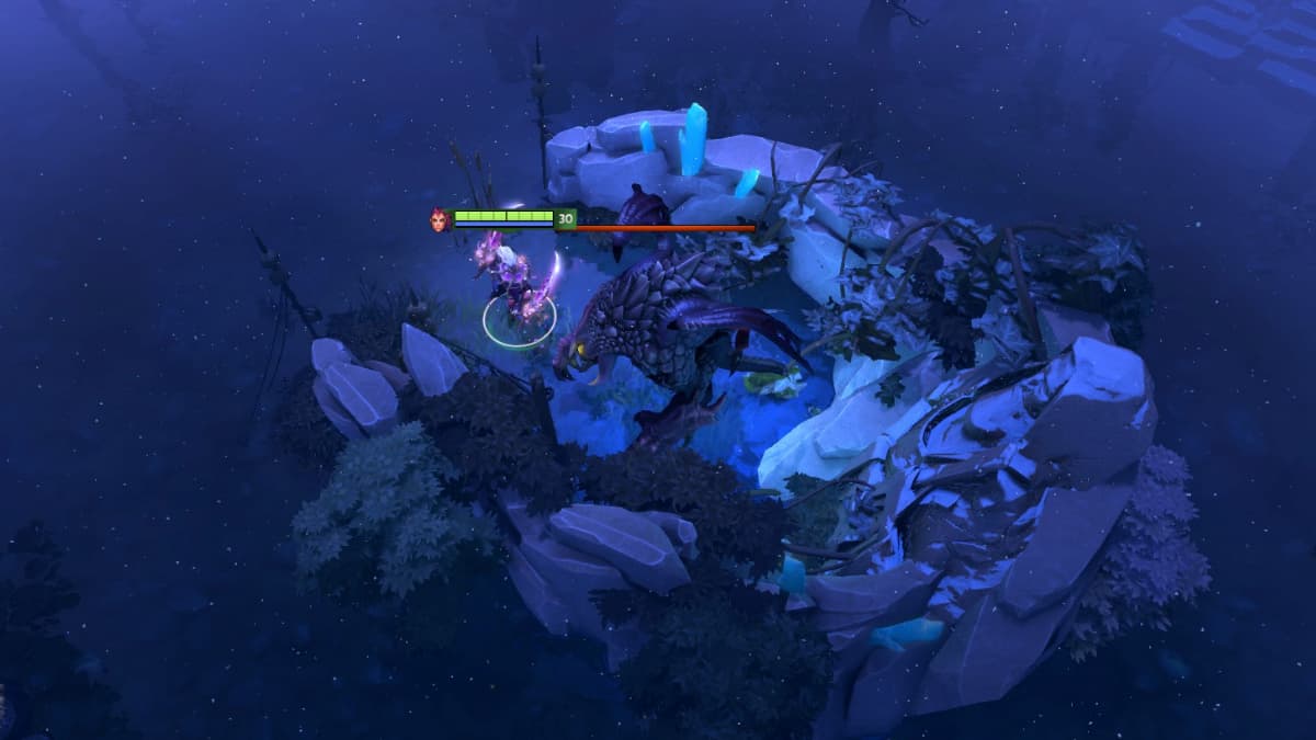 A hero stands in front of a colossal creature, Roshan, within a cave lying on a river in Dota 2.
