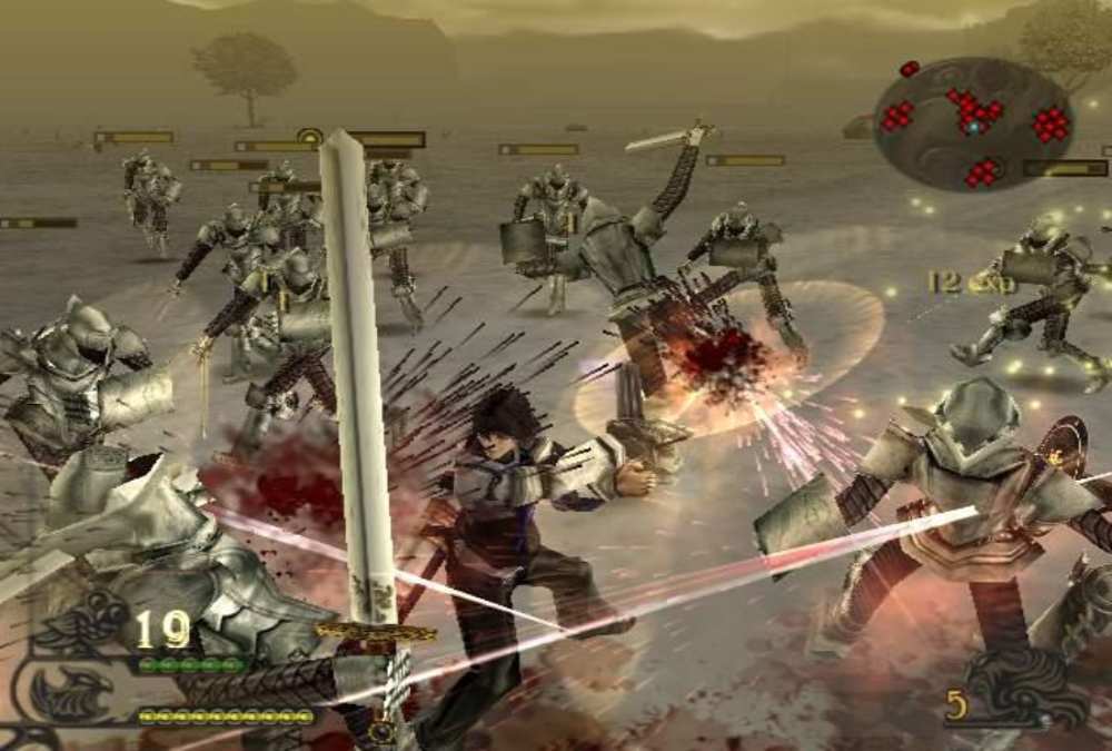 Caim fighting through a horde of enemies during an early level in Drakengard.