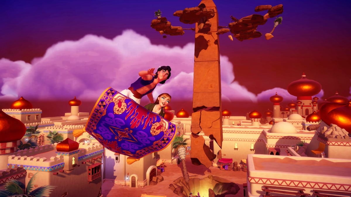 Aladdin and a player with brown braids flying on Magic Carpet towards the Windcaller stone monument in Disney Dreamlight Valley.