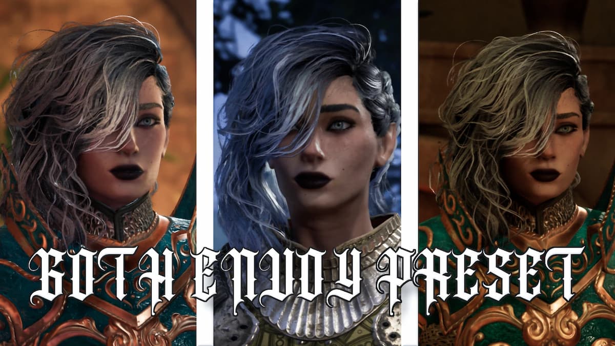 Three women separated in panels wearing a variety of armors with their hair pushed to the side, covering their eye in Avowed.