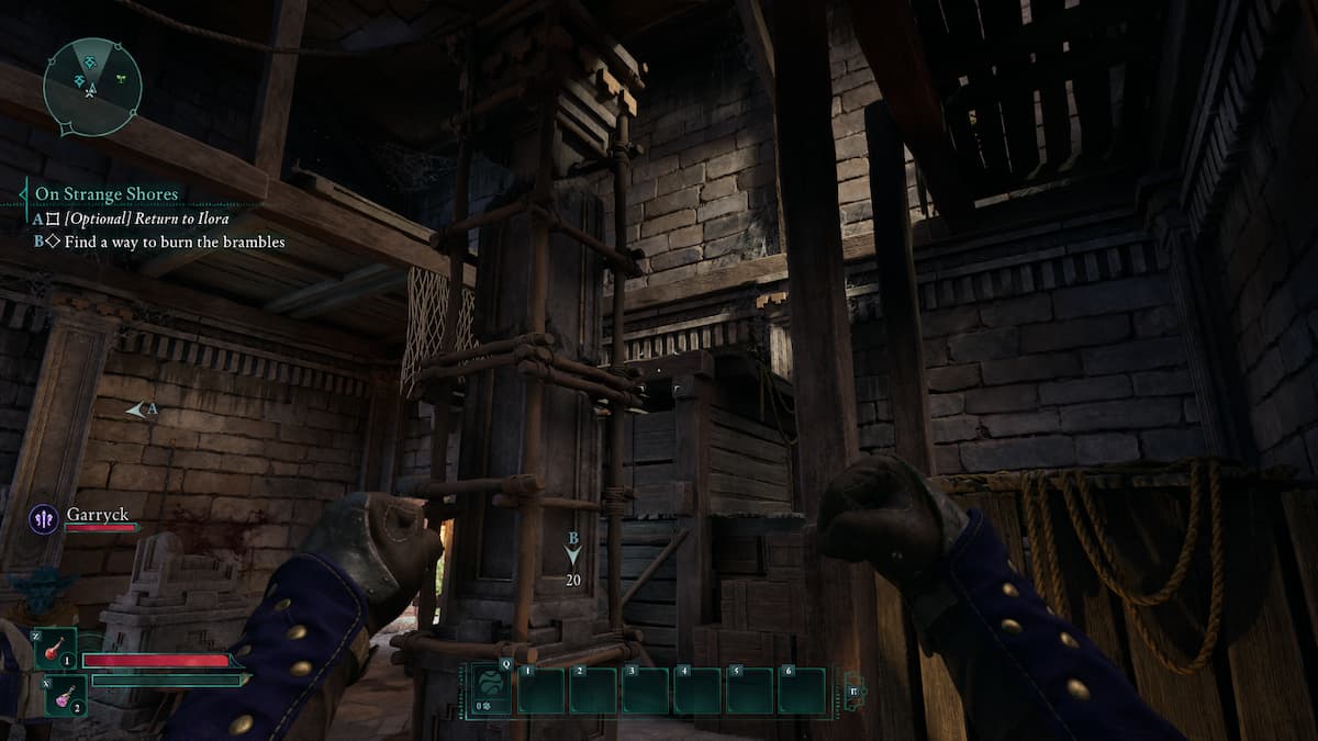 The interior of a Fort, comprised of cobbled walls, wooden platforms and beams in Avowed.