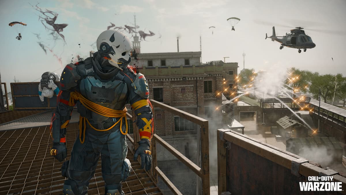 Warzone operators looking out over the battlefield as helicopters fly above