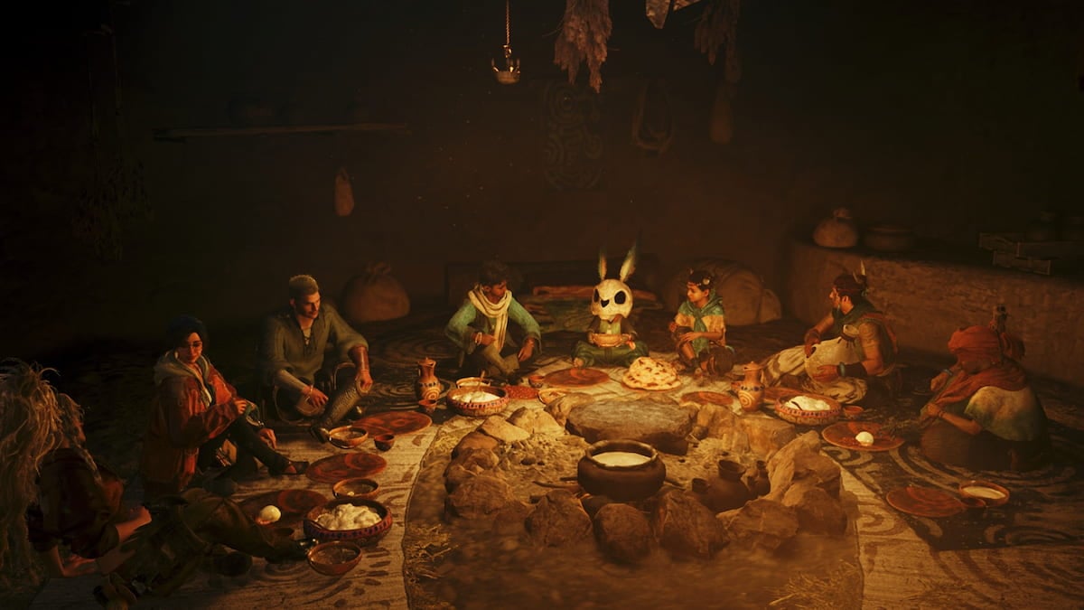 Monster Hunter Wilds characters enjoying a meal