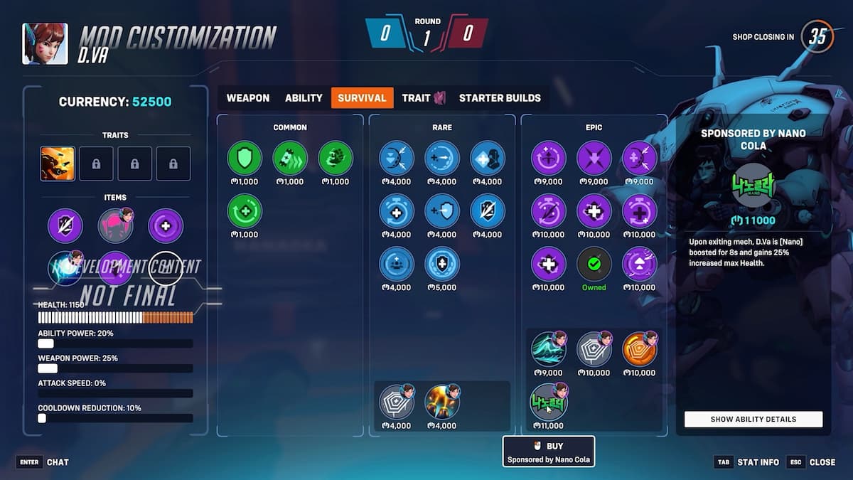 OW2 Stadium mode D.Va skill tree of Mods