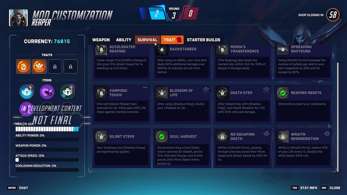 OW2 Stadium mode Reaper Mod customization screen
