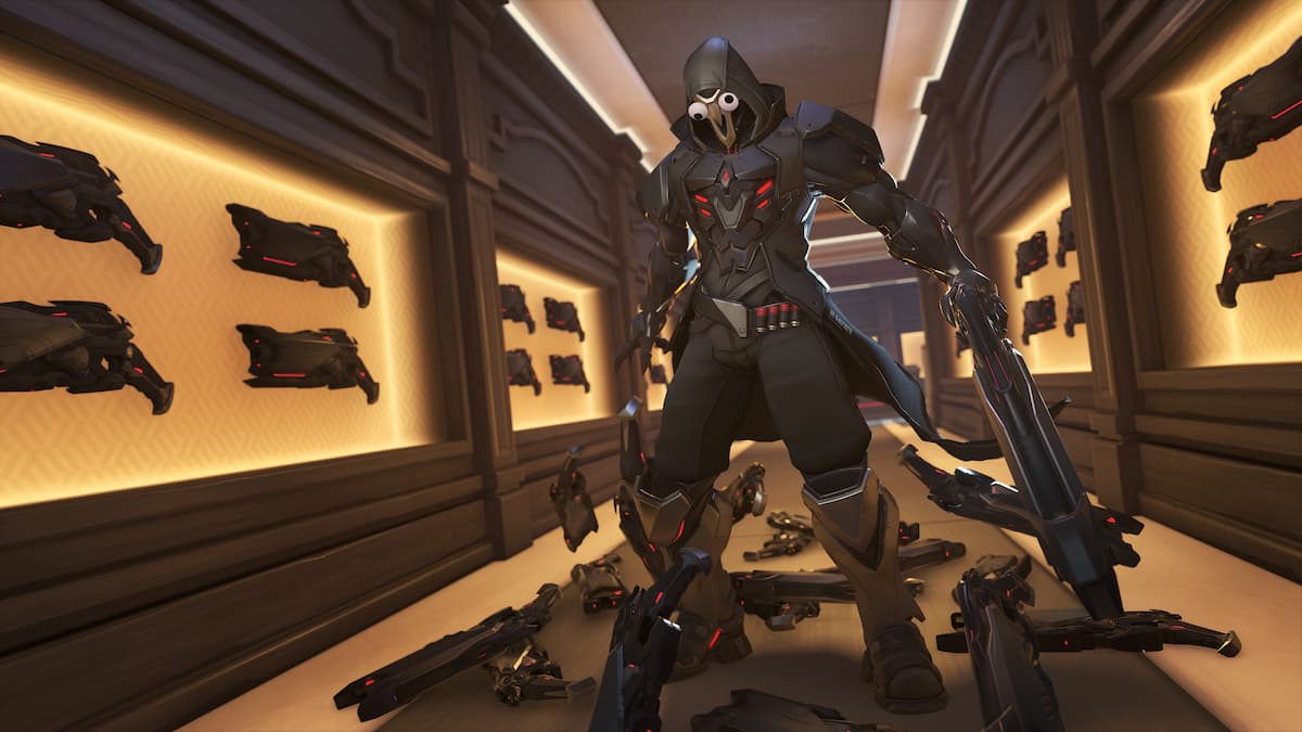 Reaper stands in a room full of shotguns. He has googly eyes on his face.