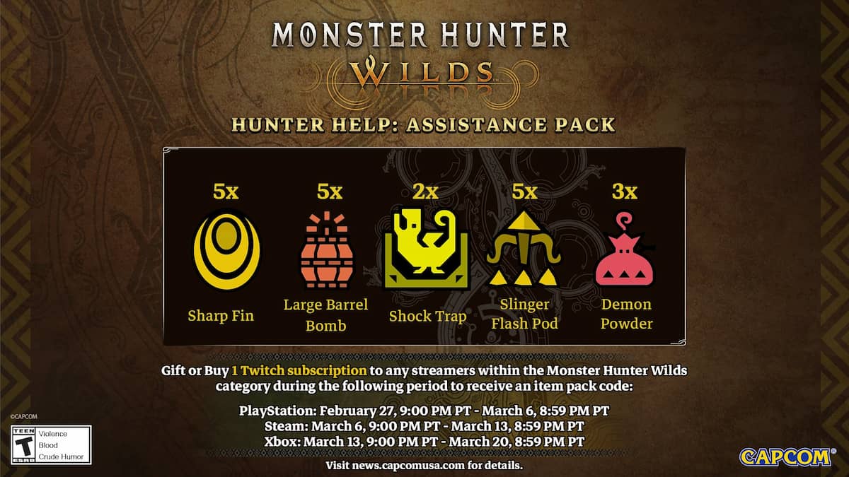 A graphic showing the Hunter Help assistance pack Twitch drop, featuring Sharp Fin, a Large Barrel Bomb, Shock Traps, Slinger Flash Pods, and Demon Powder.