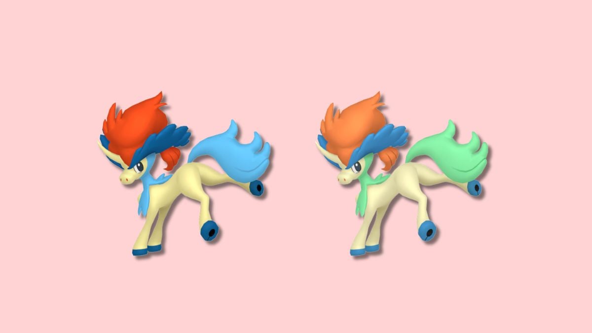 Shiny Keldeo and Keldeo Pokémon on pink background.