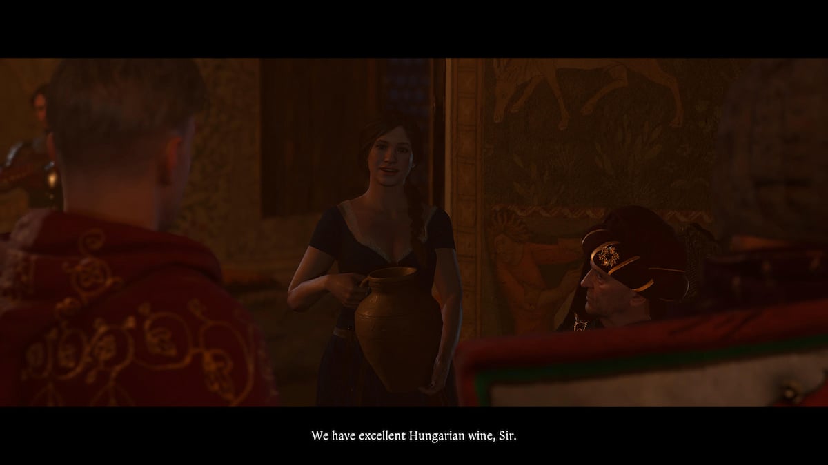 Katherine holding a pitcher of wine next to other important characters