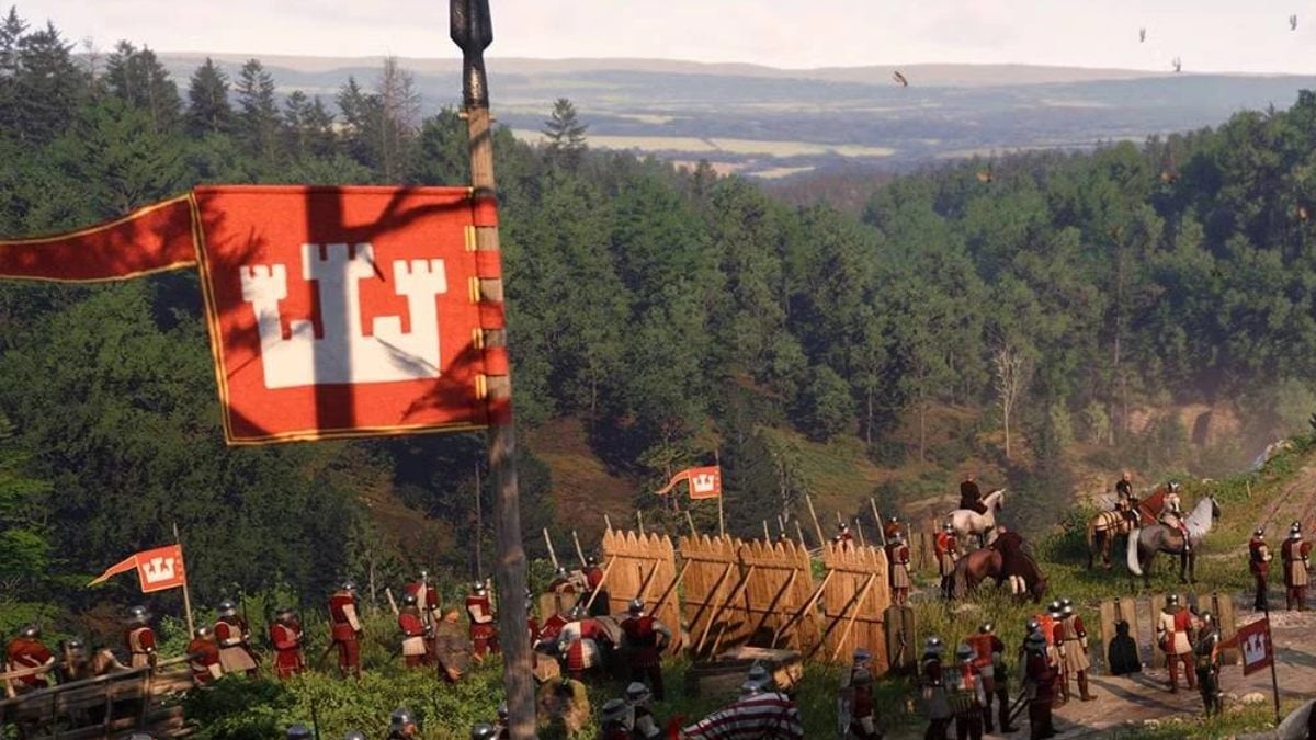 Kingdom Come Deliverance 2 zoom in on army red flag banner high up