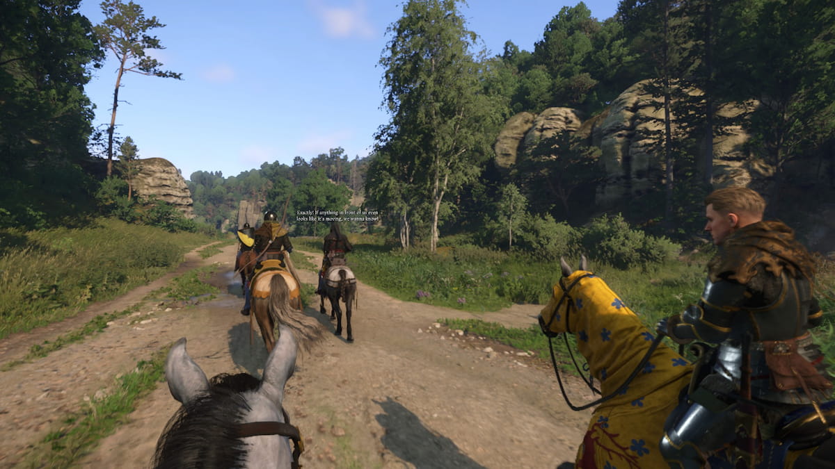 Kingdom Come Deliverance 2 screenshot showing the player character Henry on horseback riding through medieval Bohemian outskirts with Hans Capon on another horse by the side, with two more envoys on horses leading the way