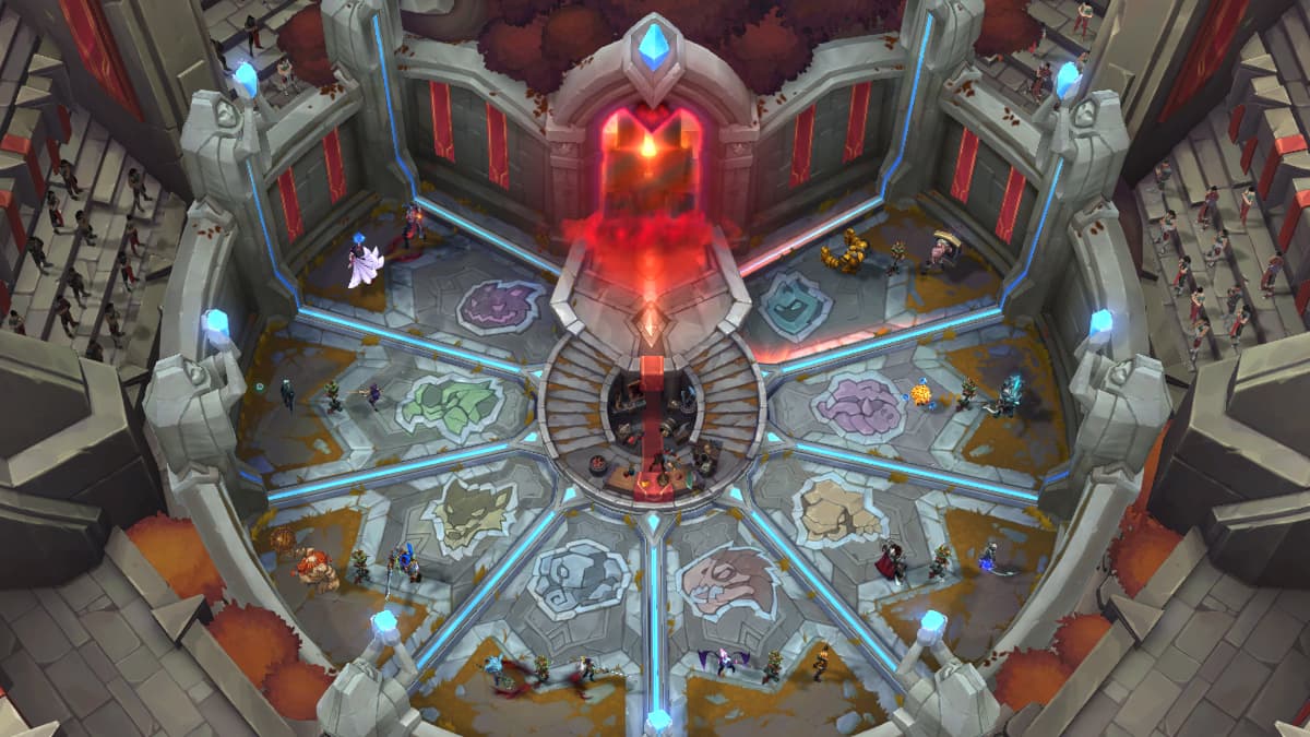 A strange Arena with a massive red pillar and segments keeping players apart in the League of Legends Arena mode.