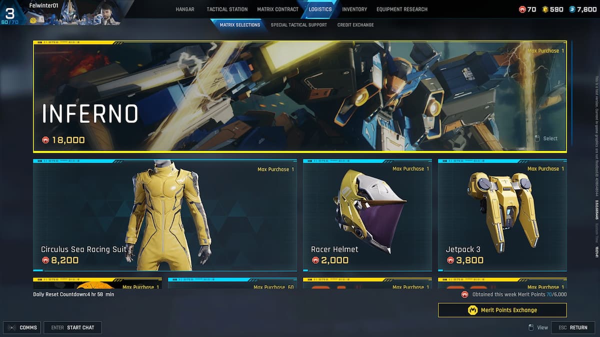 Matrix Selections tab in Mecha BREAK