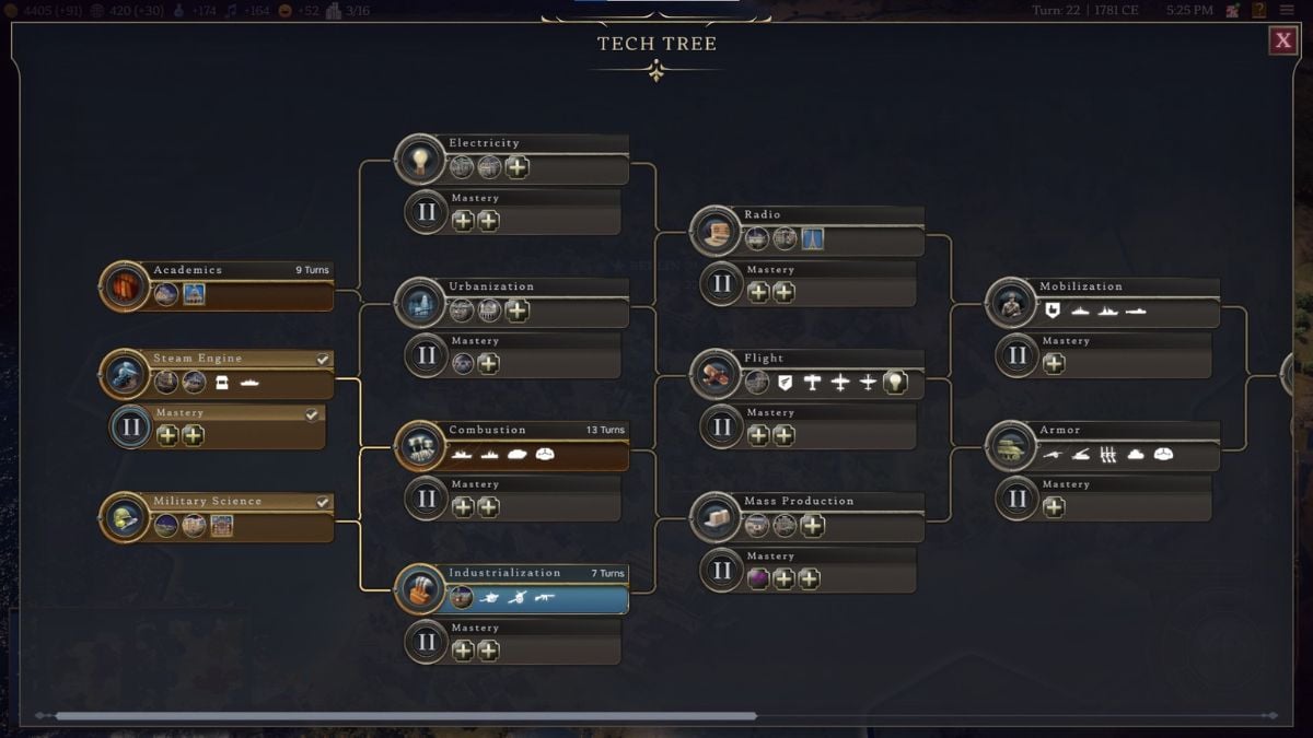 Screenshot of the Modern Age Tech Tree in Civilization 7.