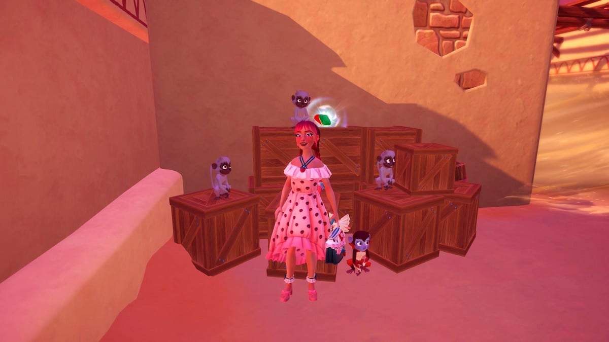 A player with long pink braids and a pink strawberry dress standing in front of a bunch of monkeys sitting on crates in Disney Dreamlight Valley.