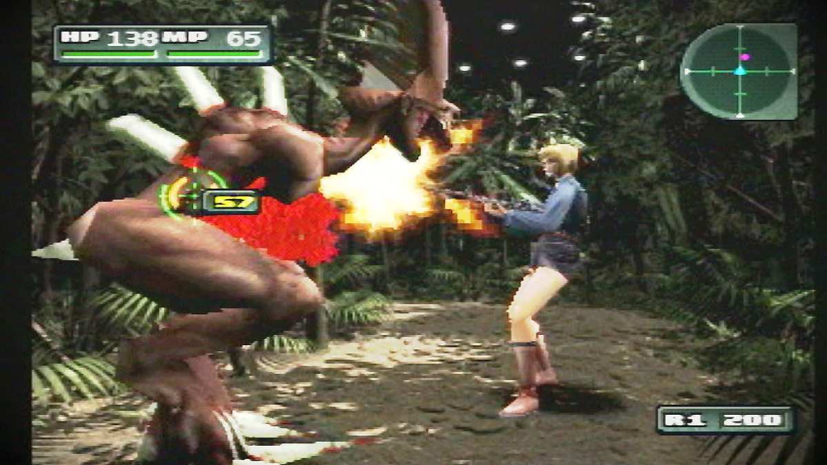 Parasite Eve's main character Aya dealing damage with a shotgun