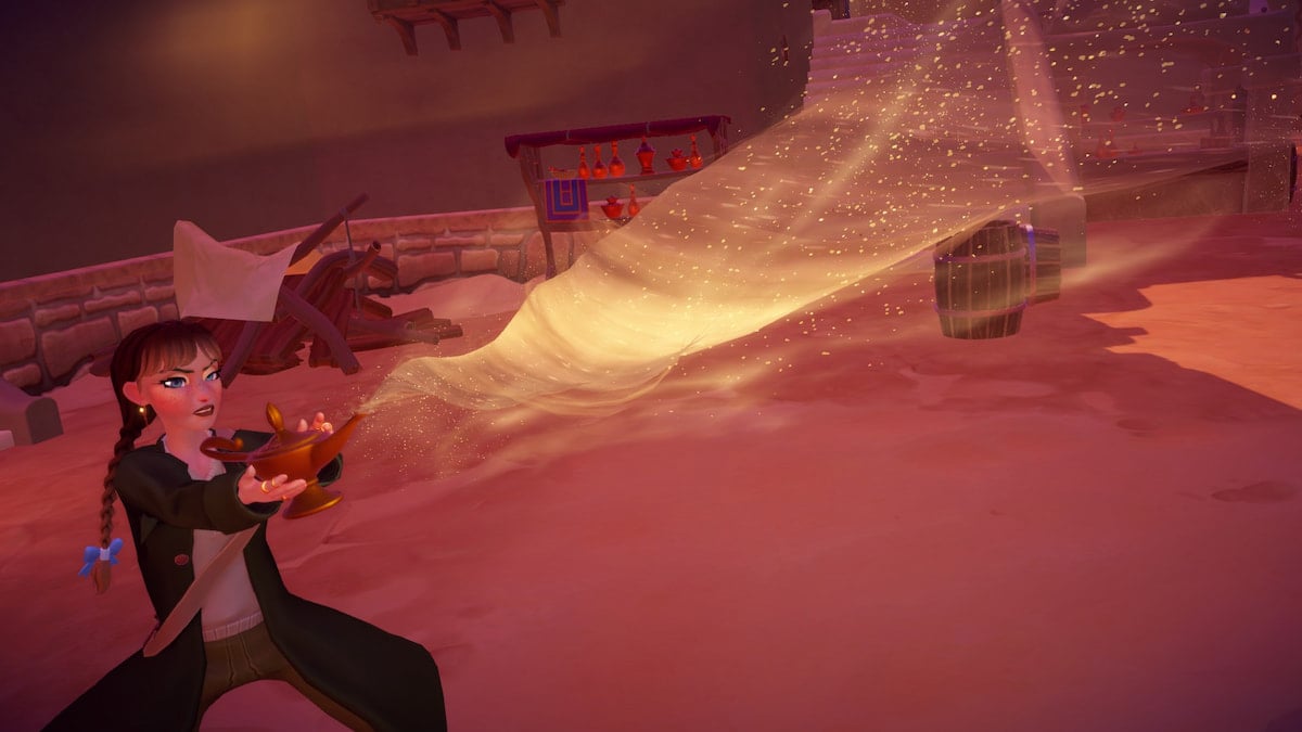 A player with long brown braids and a long green cost holding a genie lamp with a swirling sandstorm coming out of it in disney dreamlight valley.