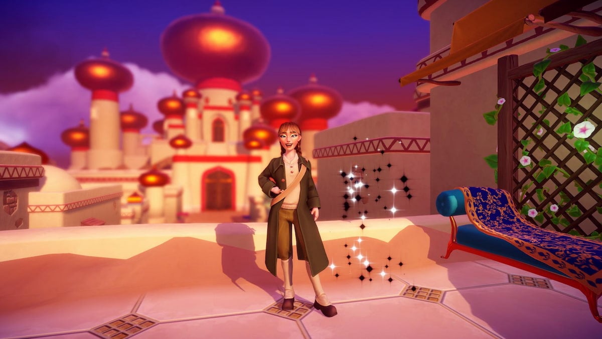 A player with brown braids and a long green coat standing next to Genie's Sparkles on a roof in front of the Palace of Agrabah in Disney Dreamlight Valley.