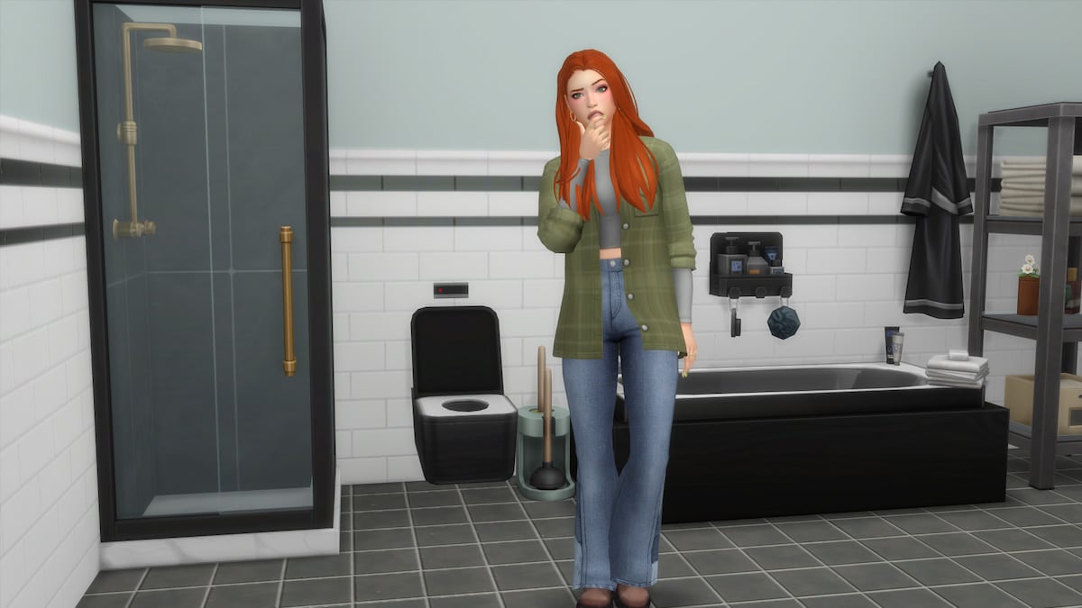 A Sim with orange hair and a green flannel standing in a bathroom and thinking in The Sims 4.