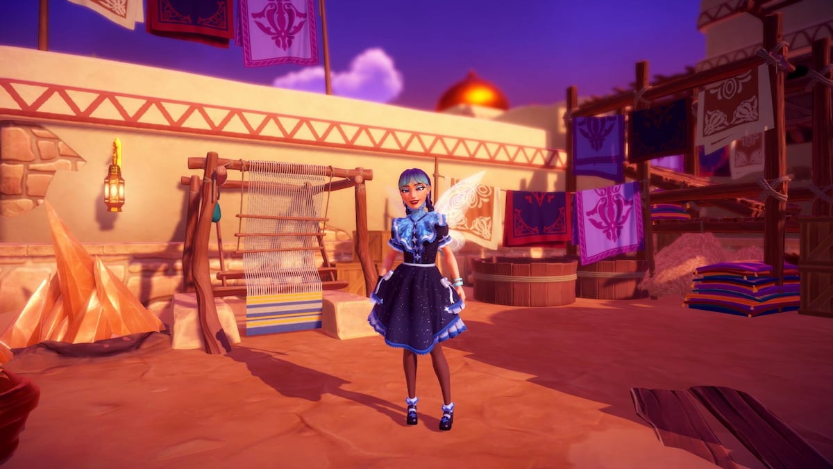 The player standing in the Artisans' District while wearing a dark blue dress in Disney Dreamlight Valley.