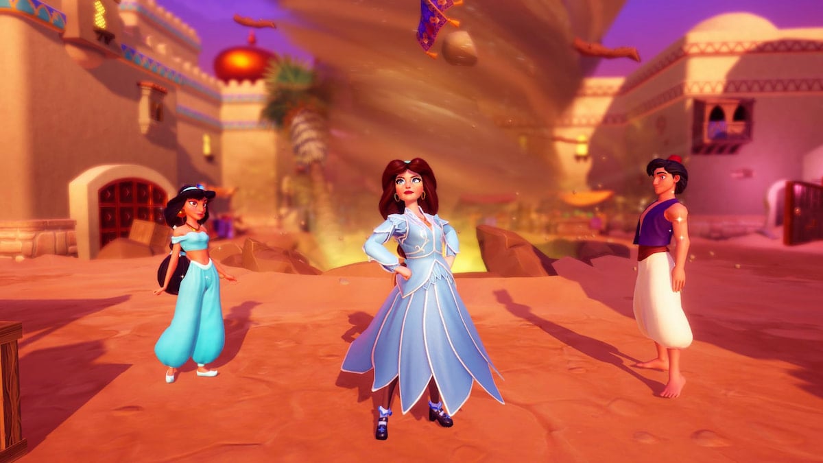 A player with a long brown braid and a blue dress posing confidently by Jasmine and Aladdin in front of a sandstorm in Disney Dreamlight Valley.