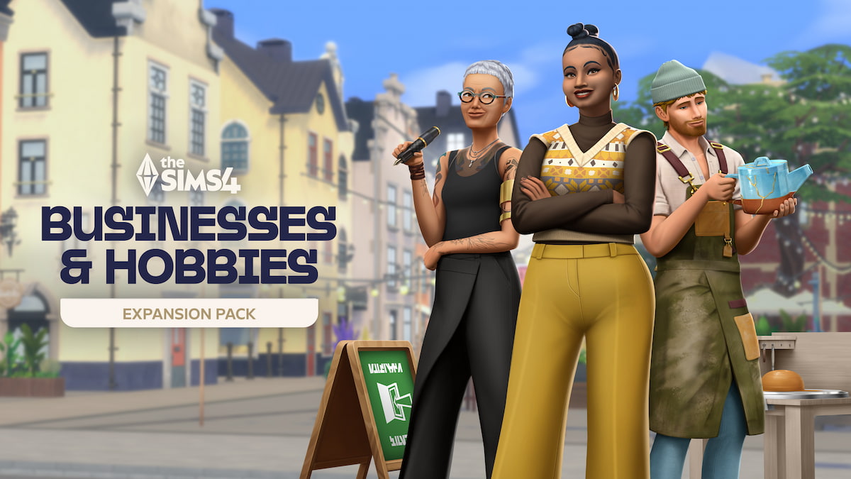 Three Sims, one with a tattoo pen, one standing with her arms crossed, and one with a pot, standing together next to The Sims 4 Businesses & Hobbies logo.