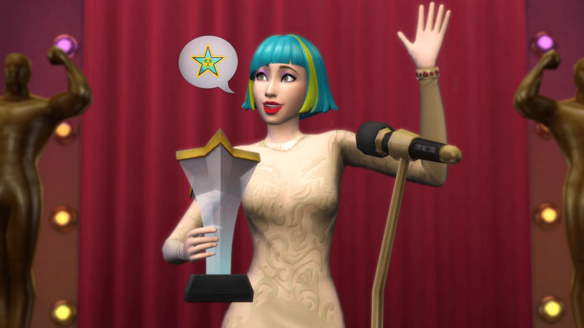 A celebrity in The Sims 4 holding a star award and talking into a microphone.