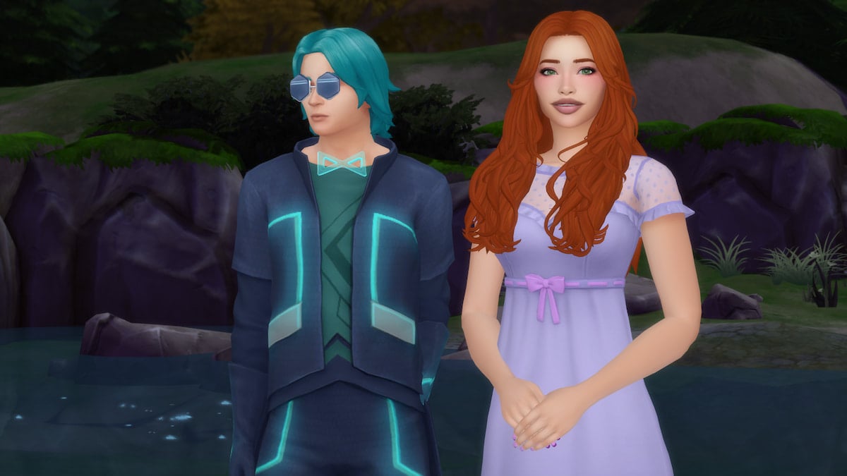 A sim with orange hair and a purple dress standing next to time traveler Emit Relevart at a park in the sims 4.