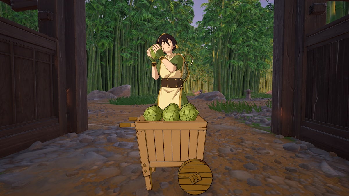 Toph holding a cabbage while standing by a cabbage cart at Spiral Shoots Landmark in Fortnite.