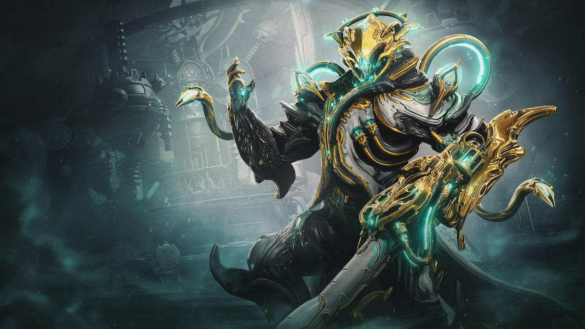 Warframe promotional art showing Lavos Prime holding Cedo Prime with his left hand