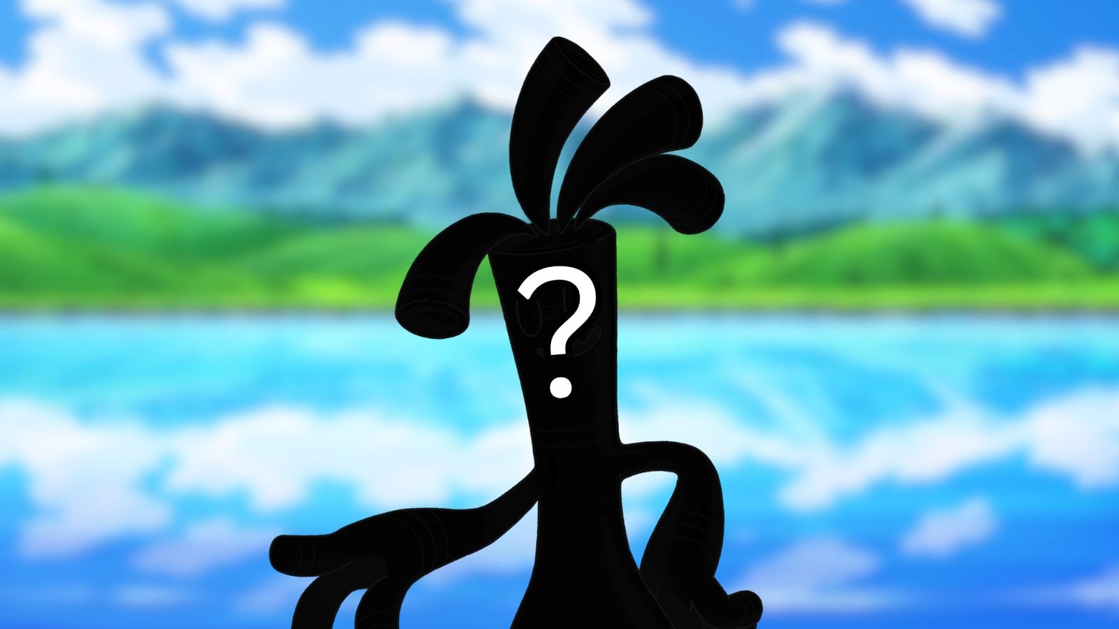 Gholdengo silhouette with blurred anime background behind it.