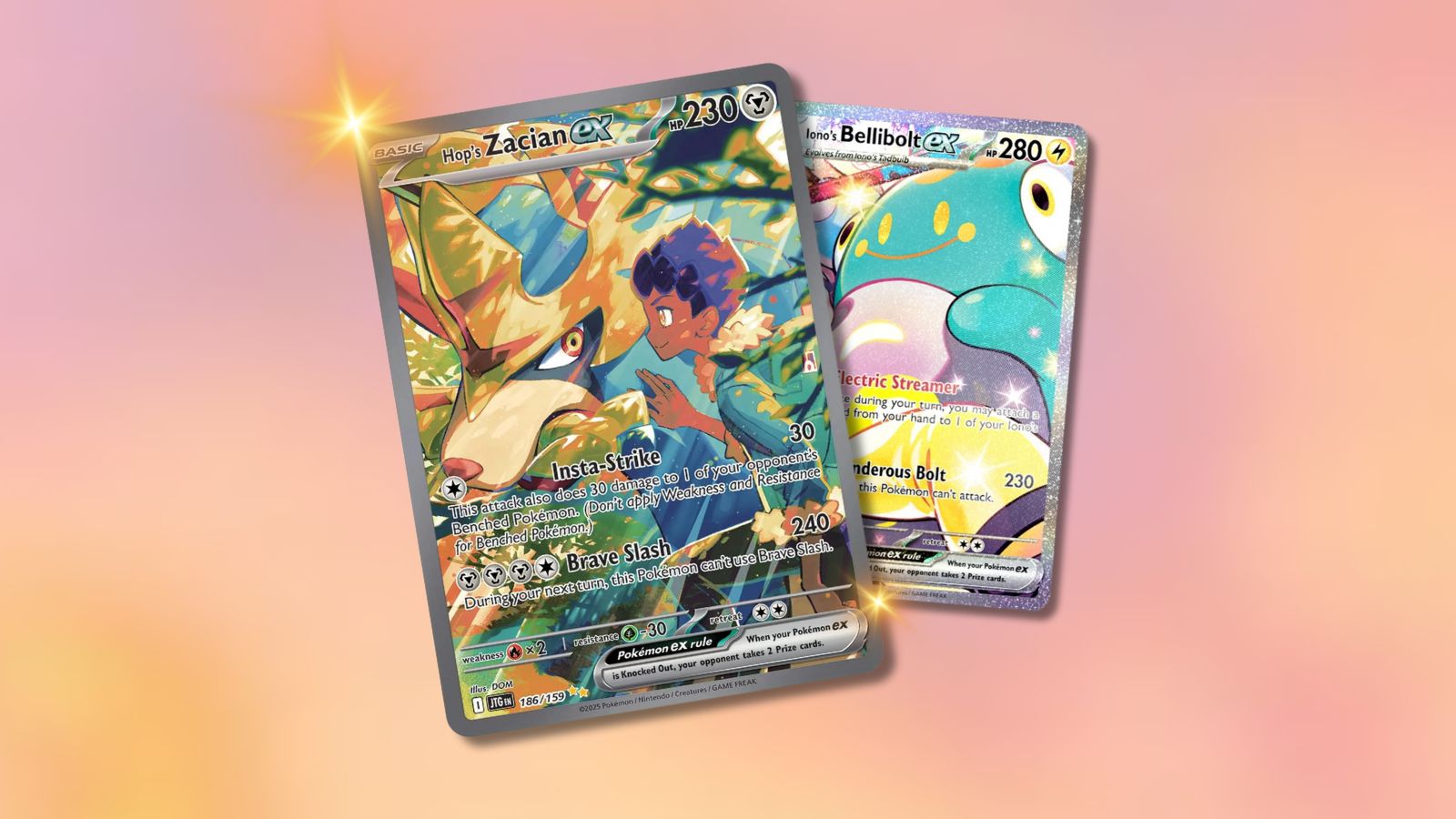 Hop and Iono Pokémon cards on a blurry pink and yellow clouds background.