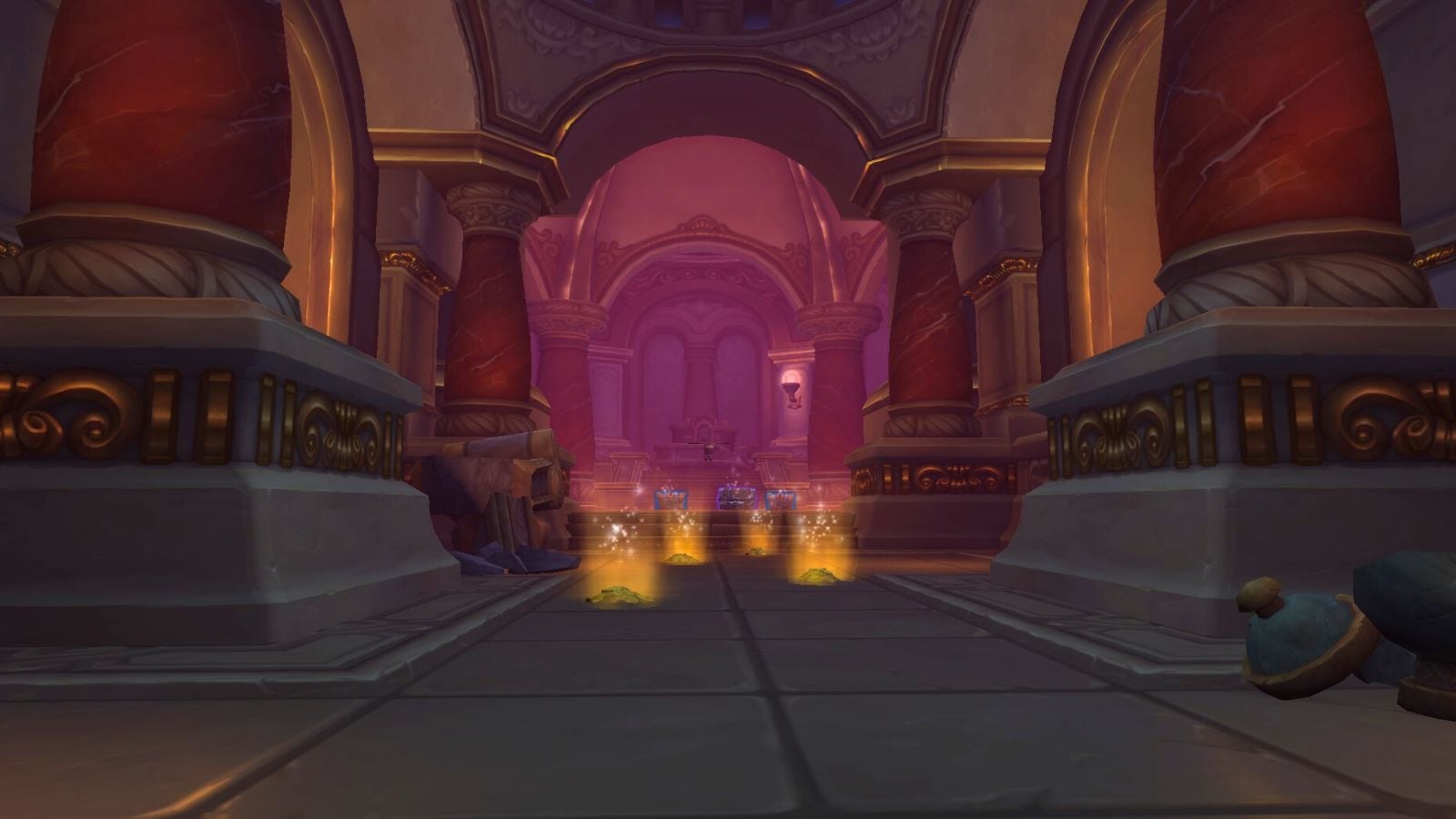 Treasure chamber in a Delve in World of Warcraft with treasure on the floor.