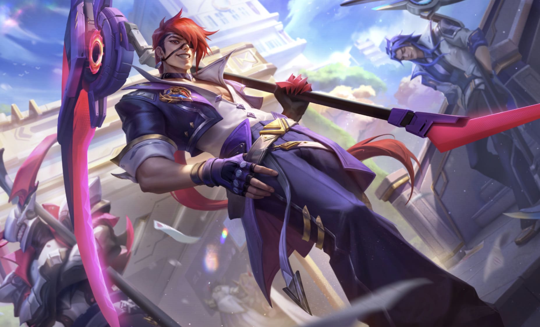 The splash art for Battle Academia Kayn, showing the jungler in a preppy school blazer with a large purple scythe on his back.